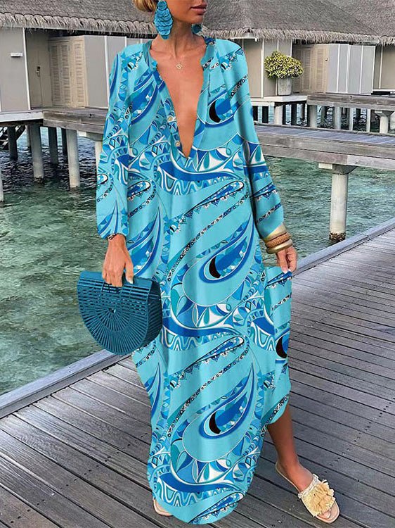 Women's Dresses Printed Long Sleeve Casual Dress - Maxi Dresses - Instastyled | Online Fashion Free Shipping Clothing, Dresses, Tops, Shoes - 15/08/2022 - Casual Dresses - Color_Blue