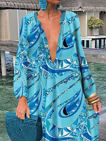 Women's Dresses Printed Long Sleeve Casual Dress - Maxi Dresses - Instastyled | Online Fashion Free Shipping Clothing, Dresses, Tops, Shoes - 15/08/2022 - Casual Dresses - Color_Blue