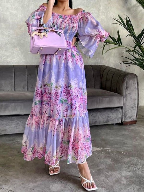 Women's Dresses Printed One-Shoulder Long Sleeve Swing Dress - Maxi Dresses - Instastyled | Online Fashion Free Shipping Clothing, Dresses, Tops, Shoes - 13/08/2022 - Color_Purple - DRE2208135132