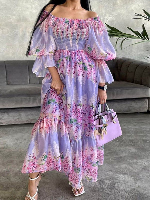 Women's Dresses Printed One-Shoulder Long Sleeve Swing Dress - Maxi Dresses - Instastyled | Online Fashion Free Shipping Clothing, Dresses, Tops, Shoes - 13/08/2022 - Color_Purple - DRE2208135132