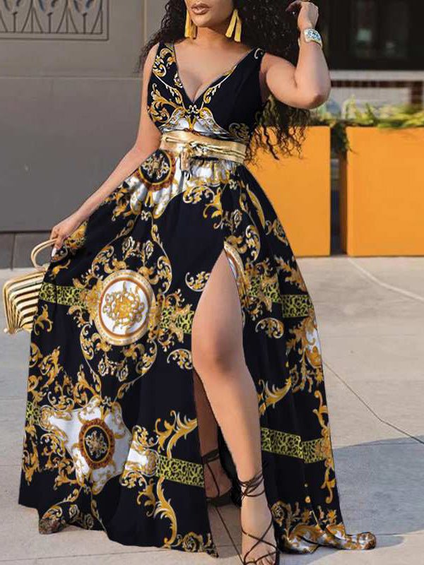 Women's Dresses V-Neck Printed Belt Swing Dress - Maxi Dresses - Instastyled | Online Fashion Free Shipping Clothing, Dresses, Tops, Shoes - 15/08/2022 - color-black - color-brown